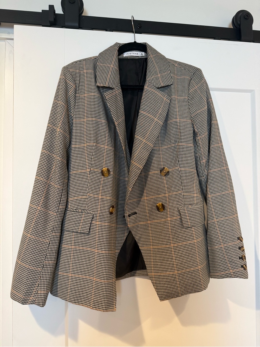 JustFab Black and White Houndstooth Double-Breasted Blazer